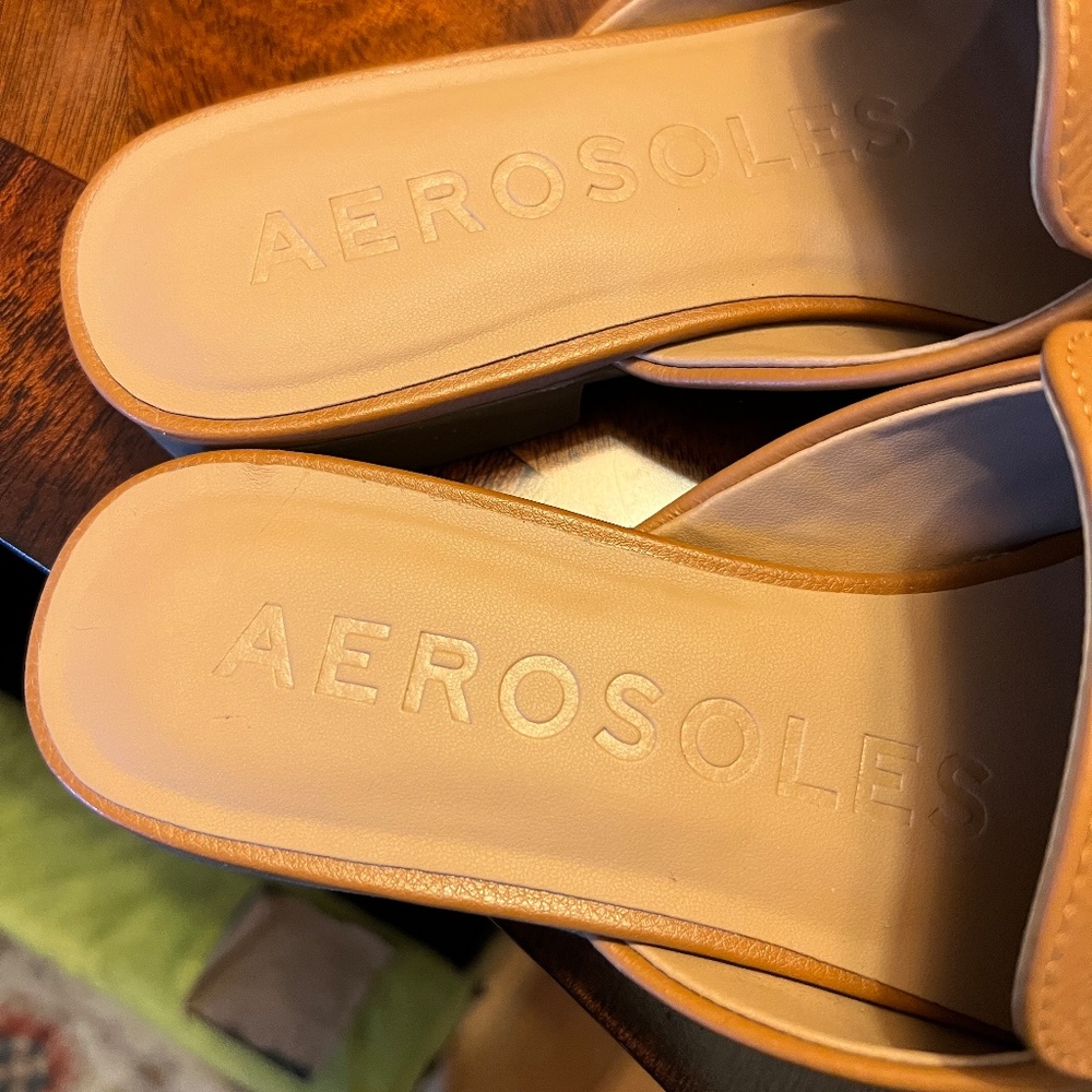 AEROSOLES Tan Leather Slip-On Mules with Gold Accent - Picture 5 of 6